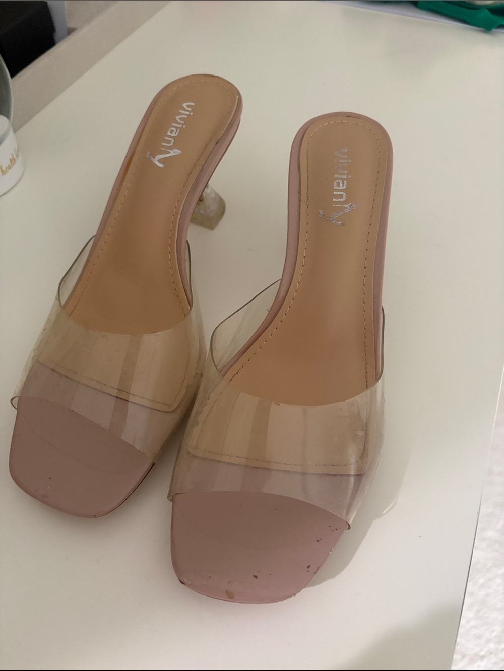 Vivianly Clear Strap Nude Pink Block Heel Mules